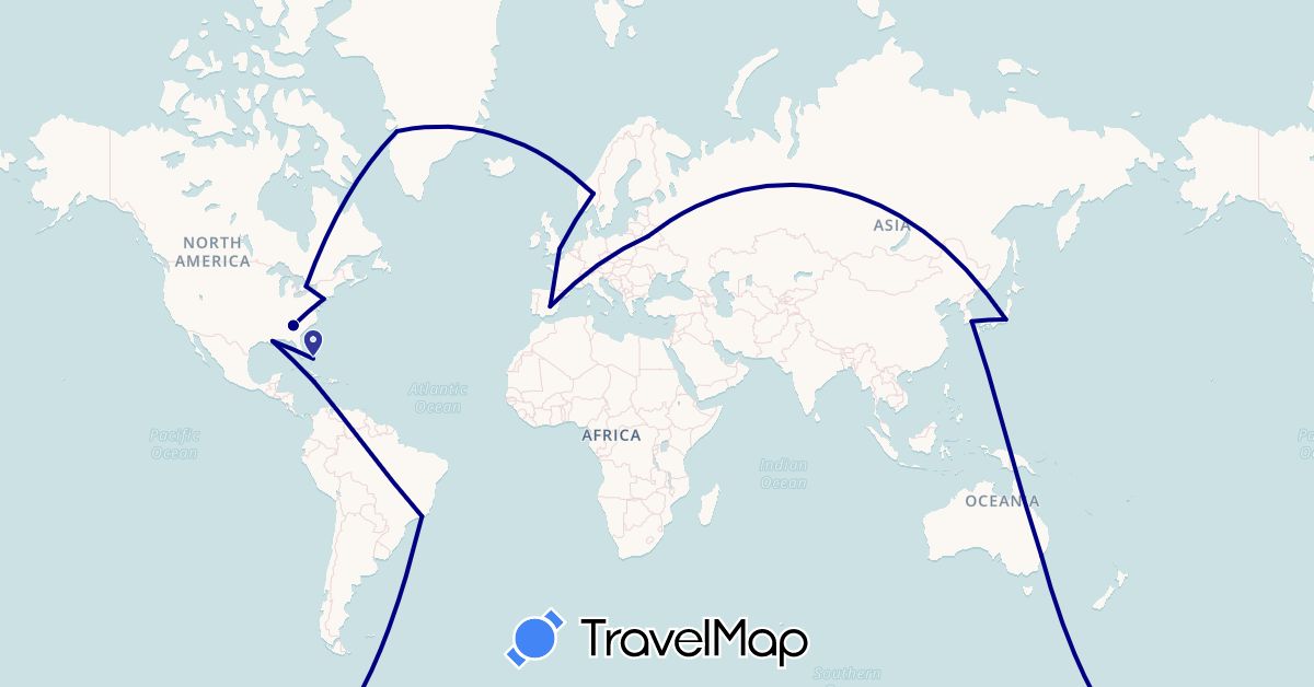 TravelMap itinerary: driving in Australia, Brazil, Bahamas, Belarus, Canada, Spain, United Kingdom, Greenland, Jamaica, Japan, South Korea, Norway, United States (Asia, Europe, North America, Oceania, South America)